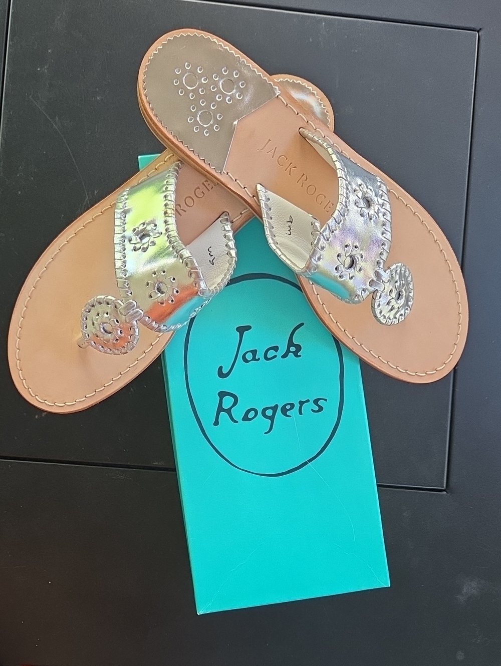 Jack Rogers Iridescent Metallic Navajo Sandals - Silver/Tan
